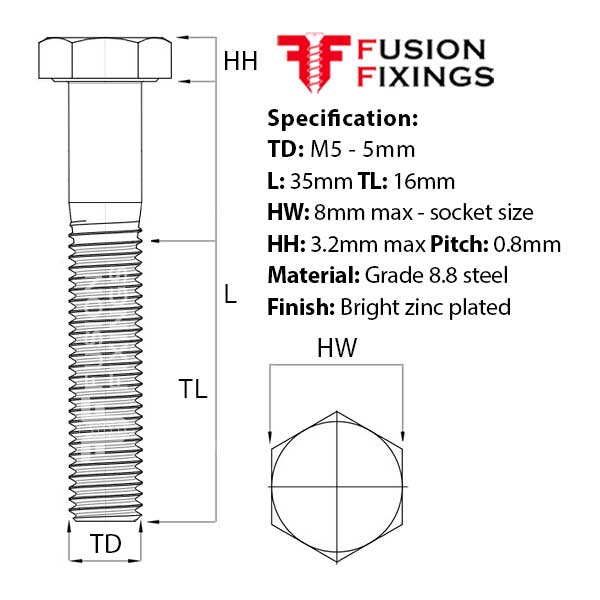 Size guide for the M5 x 35mm Hex Bolt (Part Threaded Bolt) BZP, DIN 931 Grade 8.8