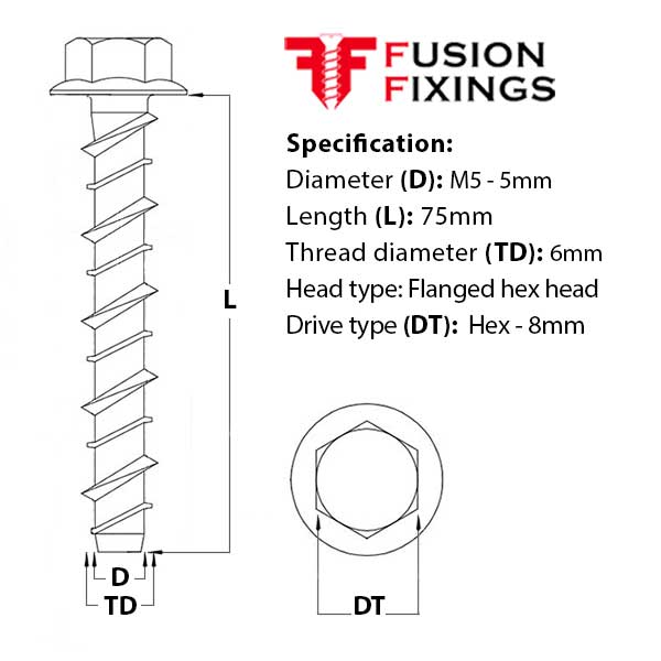 Size guide for the M5 (6mm) x 75mm Hex Flange Ankerbolt, Concrete Bolt, Grade 8.8 BZP