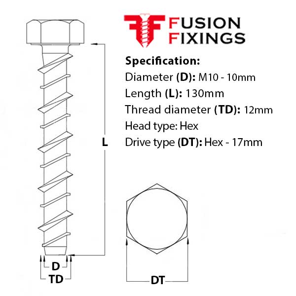 Size guide for the M10 (12mm) x 130mm Hex Head Concrete Ankerbolt, BZP Grade 8.8 steel