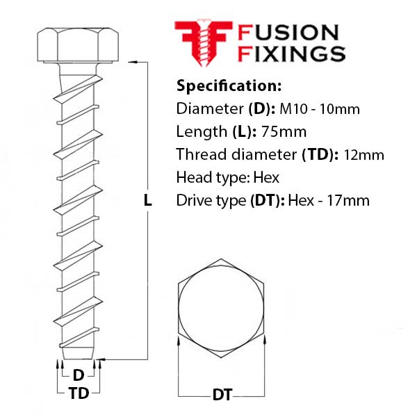 Size guide for the M10 (12mm) x 75mm Hex Head Concrete Ankerbolt, BZP Grade 8.8 steel