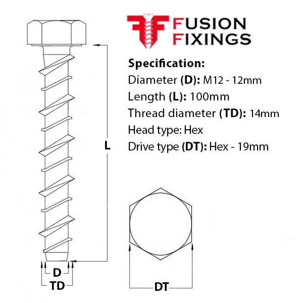 Size guide for the M12 (14mm) x 100mm Hex Head Concrete Ankerbolt, BZP Grade 8.8 steel