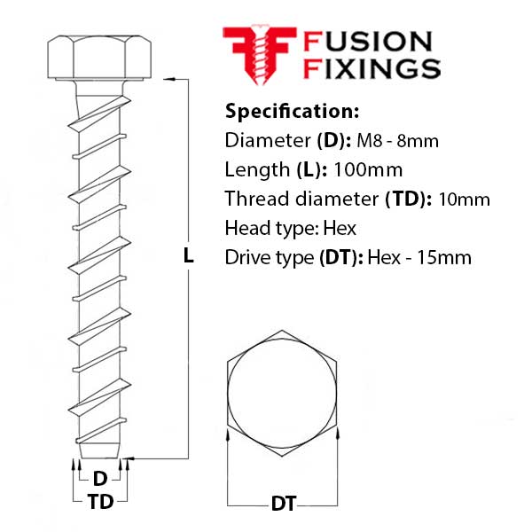 Size guide for the M8 (10mm) x 100mm Hex Head Concrete Ankerbolt, BZP Grade 8.8 steel