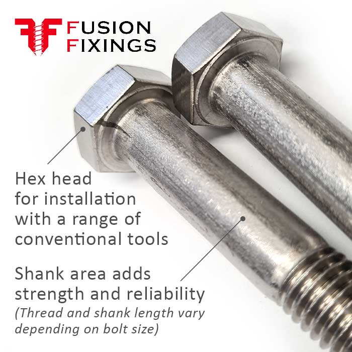 Key points information image for the stainless steel hex bolts (Part Threaded Bolt), DIN 931, from Fusion Fixings. Part of a growing range of hex bolts available at great prices.