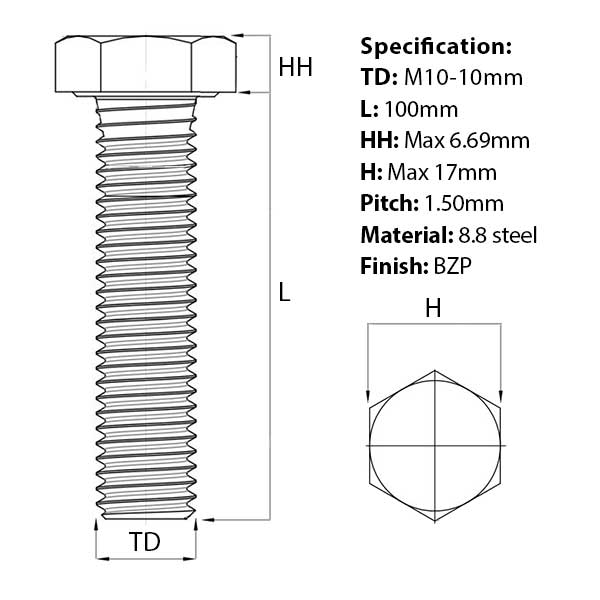 M10 x 100mm Hex Set Screw (Fully Threaded Bolt) 8.8 high tensile steel, BZP, DIN 933