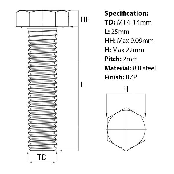 Size guide for the M14 x 25mm hex head set screw from Fusion Fixings. Part of a larger range of of set screws available from Fusion Fixings