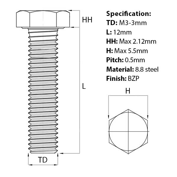 Size diagram for the M3 x 12mm Set Screw (Fully Threaded Bolt) BZP DIN 933. Part of a larger selection of set screws from Fusion Fixings