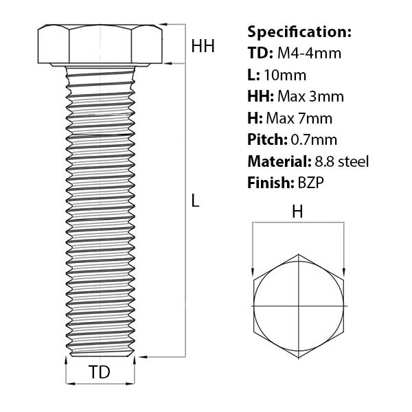 Size diagram for the M4 x 10mm Set Screw (Fully Threaded Bolt) BZP DIN 933