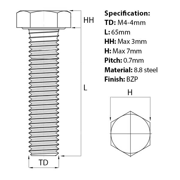 Size guide for the M4 x 65mm Hex Set Screw (Fully Threaded Bolt) 8.8 high tensile steel, BZP, DIN 933