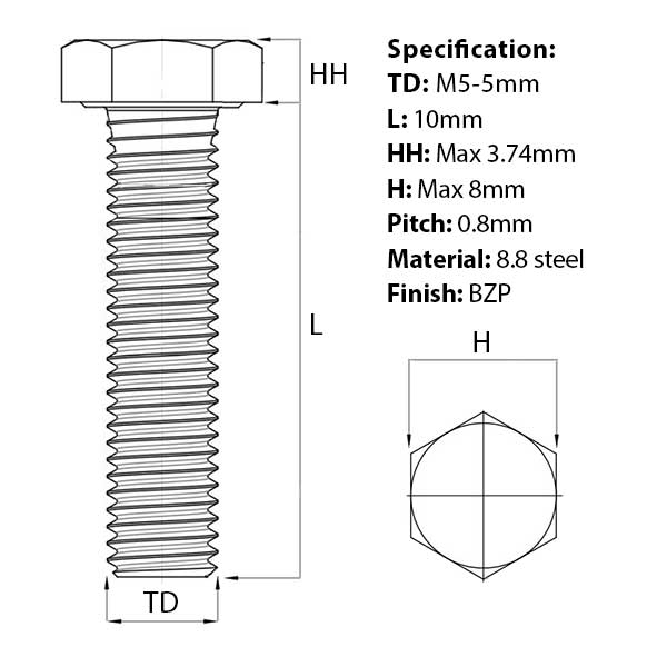 Size guide for the M5 x 10mm Hex Set Screw (Fully Threaded Bolt) 8.8 high tensile steel, BZP, DIN 933, from Fusion Fixings