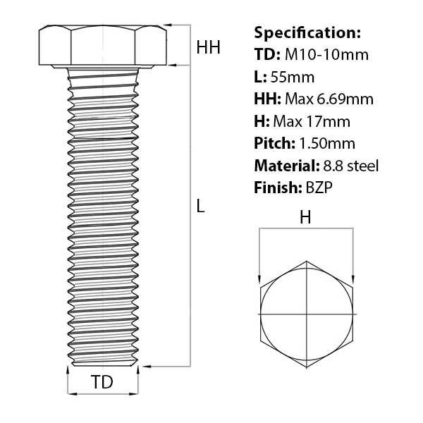 Size guide for the M10 x 55mm Hex Set Screw (Fully Threaded Bolt) 8.8 high tensile steel, BZP, DIN 933 screw guide. Part of s larger range of set screws from Fusion Fixings