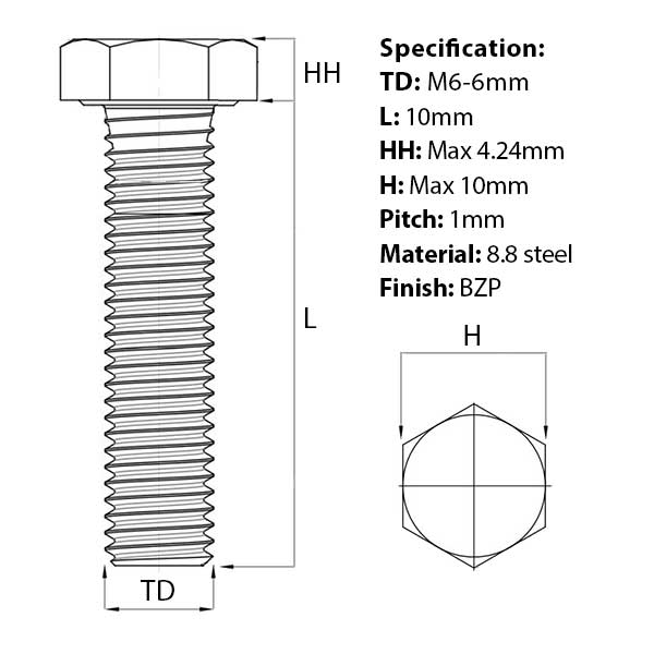 M6 x 10mm Hex Set Screw (Fully Threaded Bolt) 8.8 high tensile steel, BZP, DIN 933