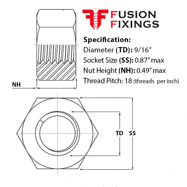 Size guide for the 9/16 UNF Hex Nut, A2 Stainless Steel, ASME B18.6.3