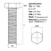 Size guide for the 1/2 UNC x 2 3/4″ Hex Set Screw (Fully Threaded Bolt) A2 Stainless Steel