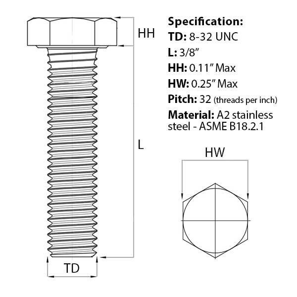 Size guide for the 8-32 UNC x 3/8” Hex Head Set Screw (Fully Threaded Bolt) A2 Stainless Steel