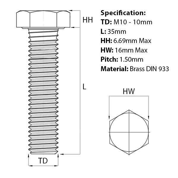 Size guide for the M10 x 35mm Brass Hex Set Screw (Fully Threaded Bolt) DIN 933