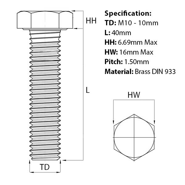 Size guide for the M10 x 40mm Brass Hex Set Screw (Fully Threaded Bolt) DIN 933