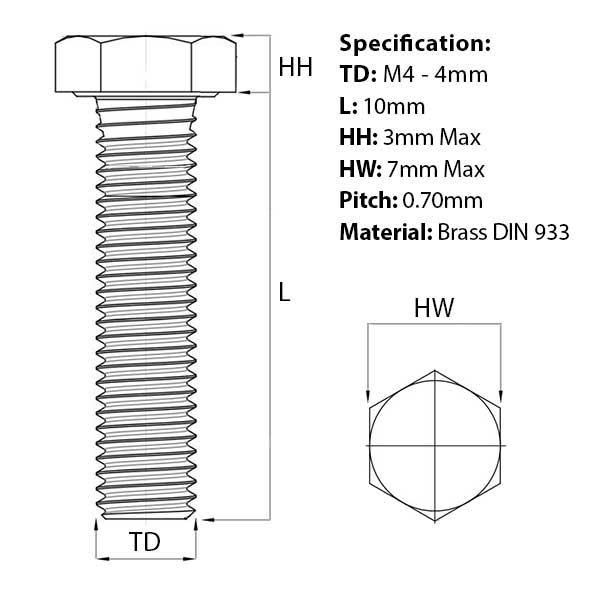 Size guide for the M4 x 10mm Brass Hex Set Screw (Fully Threaded Bolt) DIN 933