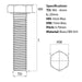 Size guide for the M4 x 20mm Hex Set Screw (Fully Threaded Bolt) Brass DIN 933