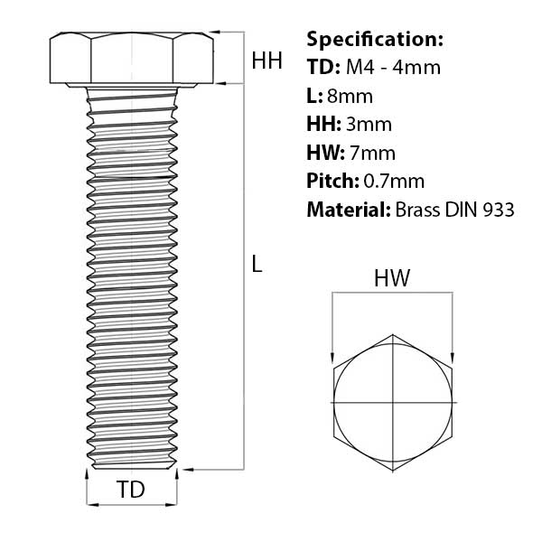 Size guide for the M4 x 8mm Brass Hex Set Screw (Fully Threaded Bolt) DIN 93