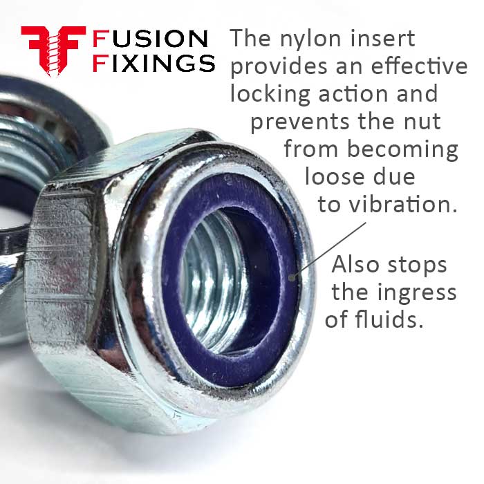 Nyloc nut - Info diagram for the Nyloc Nut, P-Type (High), BZP DIN 985 from Fusion Fixings, highlighting the nylon insert