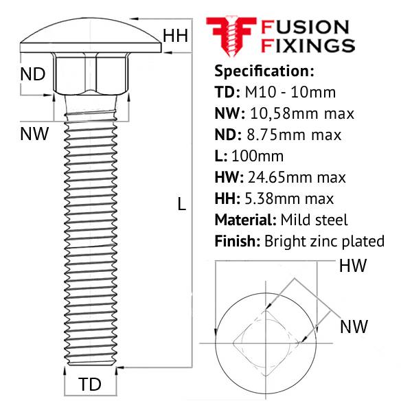 Size guide for the M10 x 100mm Coach Bolt (Carriage Bolt) & Nut BZP DIN 603