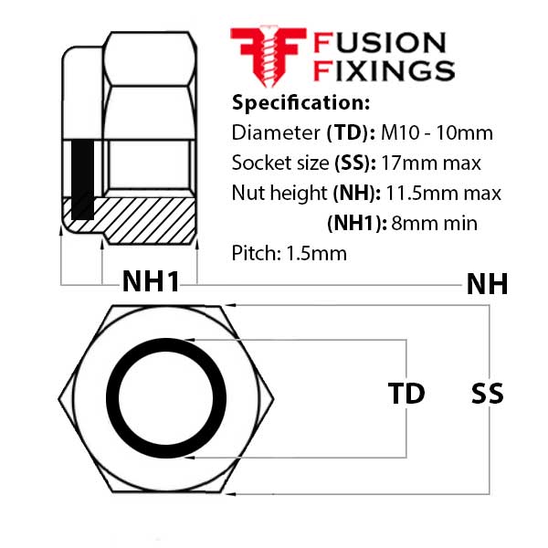 Size guide for the M10 Nyloc Nut, P-Type (High), A2 Stainless Steel DIN 982