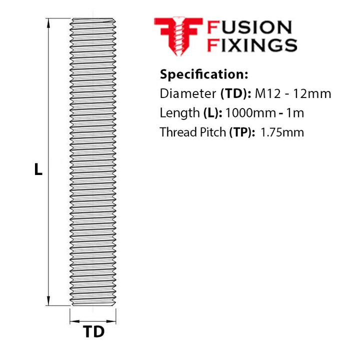 Size guide for the M12 x 1000mm Brass Threaded Bar (Brass studding) DIN 975