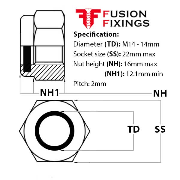 Size guide for the M14 Nyloc Nut, P-Type (High), A2 Stainless Steel DIN 982