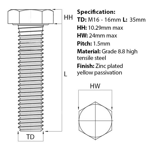 Size guide for the M16 x 35mm Hex Set Screw, metric fine thread (Fully Threaded Bolt) Zinc Plated DIN 961