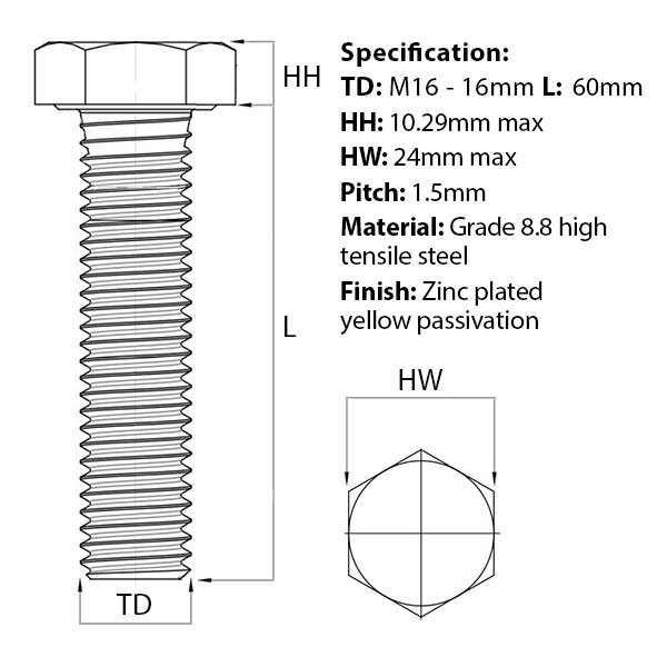 Size guide for the M16 x 60mm Hex Set Screw, metric fine thread (Fully Threaded Bolt) Zinc Plated DIN 961