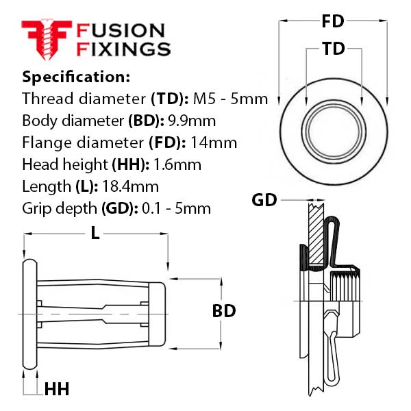 Size guide for the M5 x 18.4mm Flat Head, Spyder Split Body Rivet Nuts (Jack ) BZP, Grip Range: 5mm - 10mm