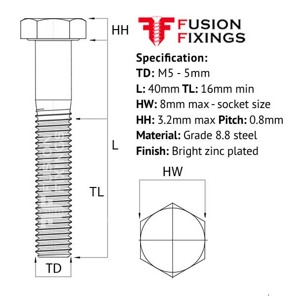 Size guide for the M5 x 40mm Hex Bolt (Part Threaded Bolt) BZP, DIN 931 Grade 8.8