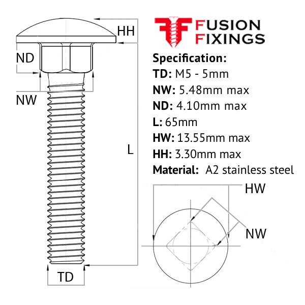 Size guide for the M5 x 65mm Carriage bolt (Coach Bolt) A2 Stainless Steel DIN 603