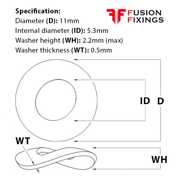 Size guide for the M5 Wave Washer, A1 Stainless Steel DIN 137b. Part of a growing range of washers from Fusion Fixings