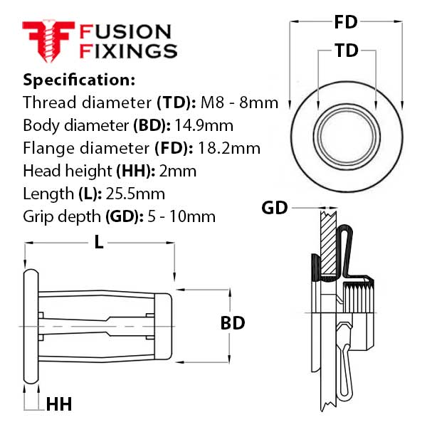 Size guide for the M8 x 25.5mm Flat Head, Spyder Split Body Rivet Nuts (Jack ) BZP, Grip Range: 5mm - 10mm