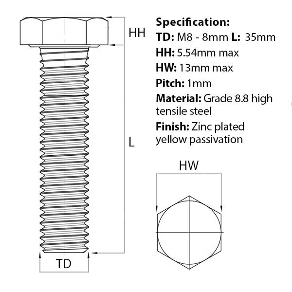 Size guide for the M8 x 35mm Hex Set Screw, metric fine thread (Fully Threaded Bolt) Zinc Plated DIN 961