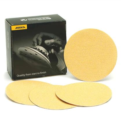 Product image for the  Mirka 150mm GOLD PSA Sanding Discs (No Holes) P80 Grit - Pack of 100 and part of a growing range of sanding discs from Fusion fixings