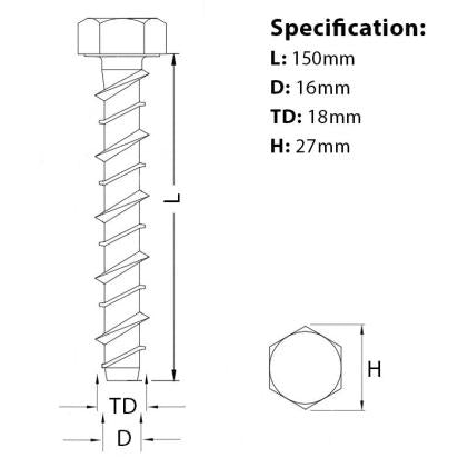 Size guide for a Heavy Duty M16 Anchor Bolt