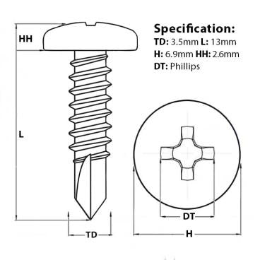 Size diagram for a 13mm pan head self drilling screw