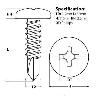 Pan head self drilling screw, 32mm with a 3.9mm thread diameter.