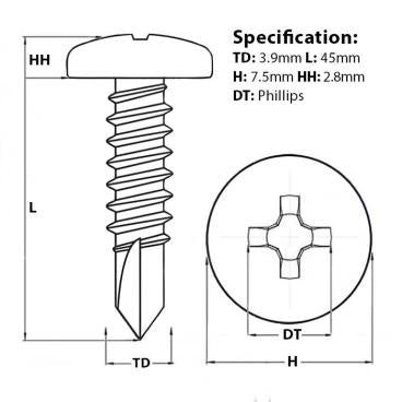 Size guide for a pan head self drilling screw. 45mm with a thread diameter of 3.9mm