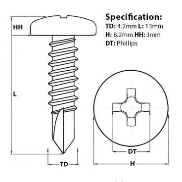 Size guide for the 13mm pan head self drilling screw with a 4.2mm thread diameter