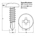 Size diagram for the 45mm pan head self drilling screw with a 4.2mm thread diameter