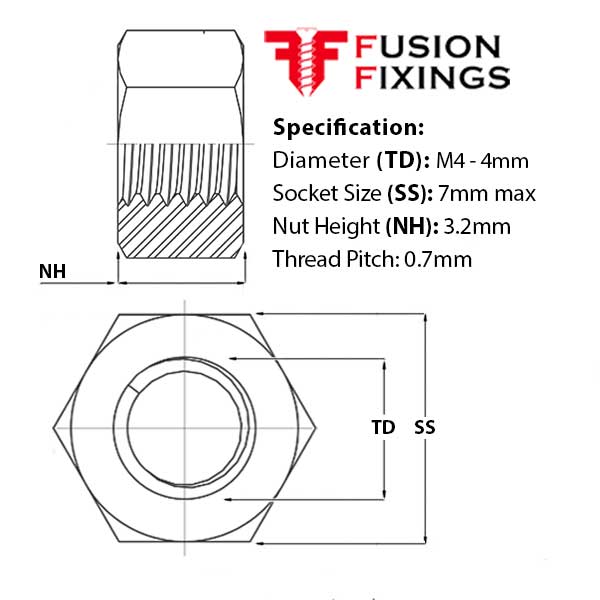 Size guide for the M4 Nylon Nut, White Plastic Nut