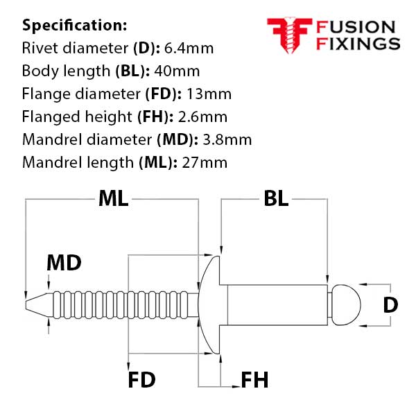 Size guide for the 6.4 x 40mm Stainless steel pop rivets, Dome Head (Blind Rivet) Grip Range 28 - 33mm