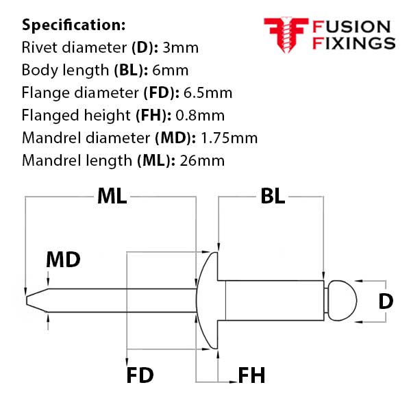 Size guide for the 3 x 6mm Dome Head Pop Rivet (Blind Rivet) Aluminium - Steel, Grip Range: 1.5 - 3.5mm