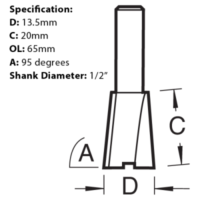 Size diagram for the Trend Stair Trenching Router Cutter, with a 95 Degrees x 13.5mm x 20mm cutter head, C240X1/2TC