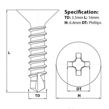 3.5mm (No.6) x 16mm, Countersunk Self Drilling Screw (TEK), BZP, DIN 7504 screw guide