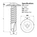 Size guide for the TIMCO Wafer Head Self Drilling Screws, TEK Screws, 4.2mm x 13mm, 1000pc