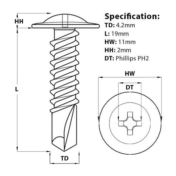 Size guide for the TIMCO Wafer Head Self Drilling Screws, TEK Screws, 4.2mm x 19mm, 1000pc